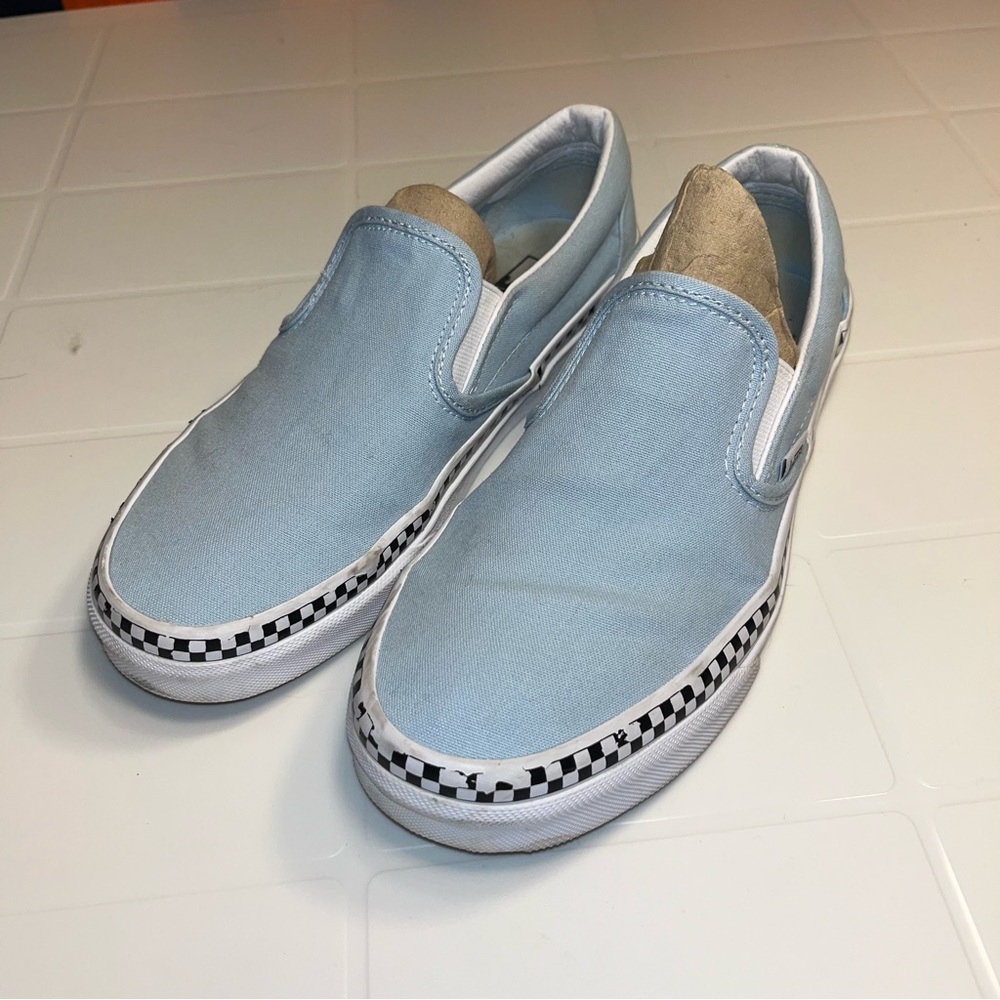 Vans Slip On Light Blue Checkers men Shoes SZ 6.5 elastic stretch women 8